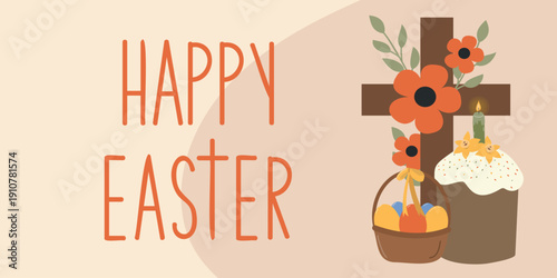Happy Easter banner with cross and basket. Holiday vector illustration