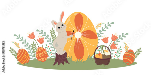 Easter banner with happy bunny. Hand drawn flat cartoon rabbit with egg. Holiday vector illustration