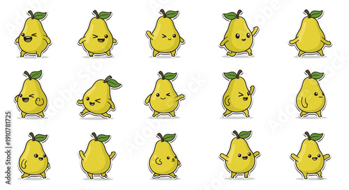 Cute animated pears expressing various emotions and movements  