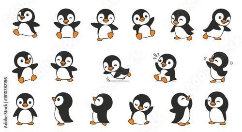 Cartoon penguins in various poses and actions on white background  