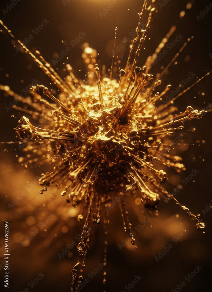 Obraz premium Golden liquid bursts with power under cinematic lighting creating dynamic abstract art