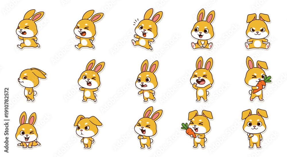 Obraz premium Cute cartoon rabbits in various poses with carrots and expressions 
