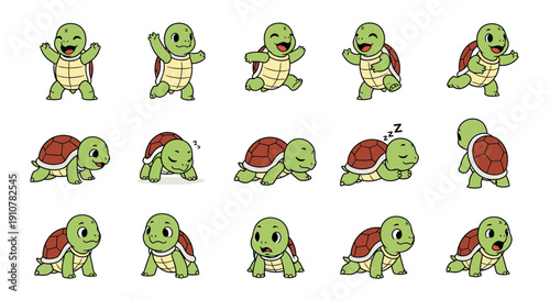 Cute cartoon turtle in various playful poses and expressions  