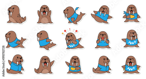 Cartoon walrus characters in various poses and expressions  