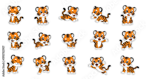 Cartoon tiger characters in various playful poses and expressions  