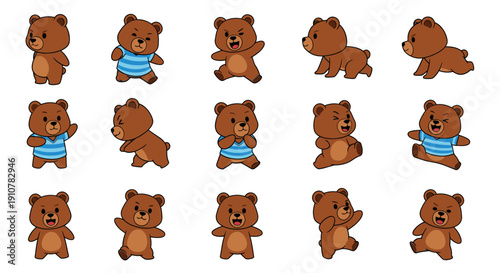 Brown bear character in various playful poses and expressions  