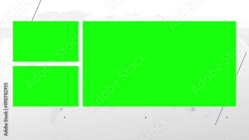 Three box split screen for news, interviews, live broadcast, tv shows, live streaming. Green chroma key cut, 4K loopable world map background with blue elements, simplicity and minimalism design.