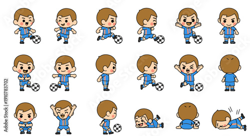 Cartoon boy playing soccer with various expressions and actions  