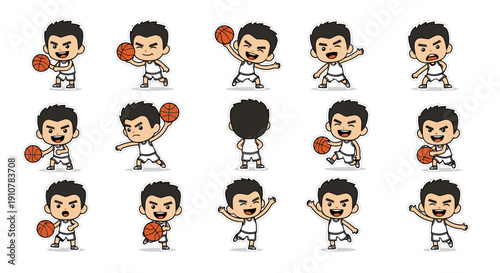 Cartoon boy playing basketball with various poses and expressions  