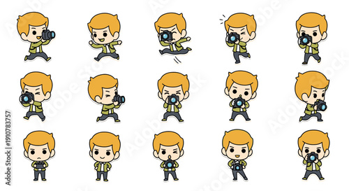 Cartoon character taking photos in various dynamic poses  