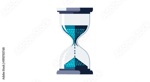 An hourglass with blue sand flowing from top to bottom, symbolizing time passing, viewed from the side