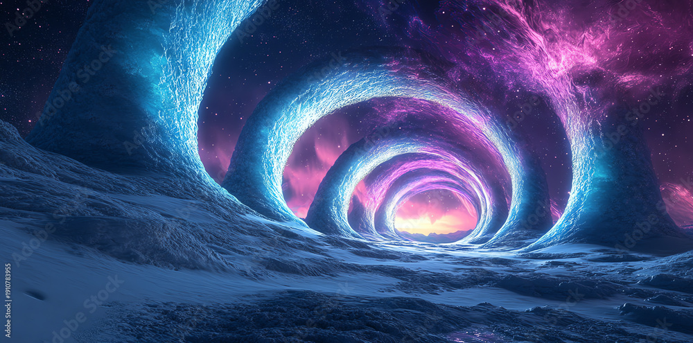 Naklejka premium Ice Tunnel Loops in Neon Night Sky