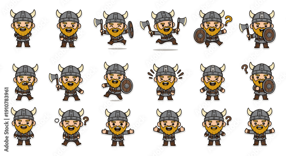 Obraz premium Viking character expressions with axe and shield in various poses 