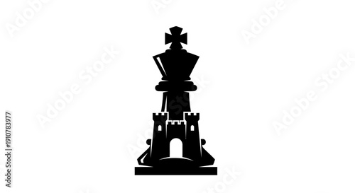 A majestic black chess queen piece standing tall on a castle-shaped base from a front viewpoint