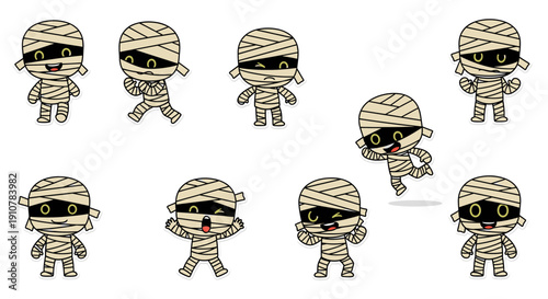 Cartoon mummy characters expressing various emotions and actions  