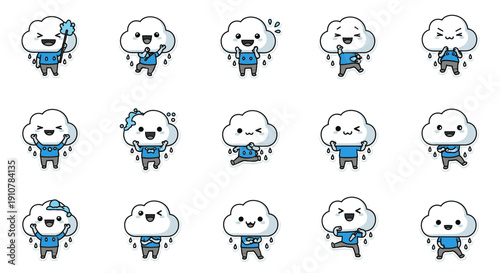 Cloud character expressing various emotions in cartoon style  