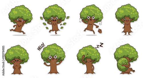 Cartoon tree character expressing various emotions and actions  