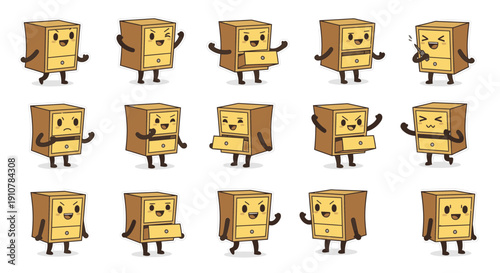 Cartoon box characters expressing various emotions and actions  