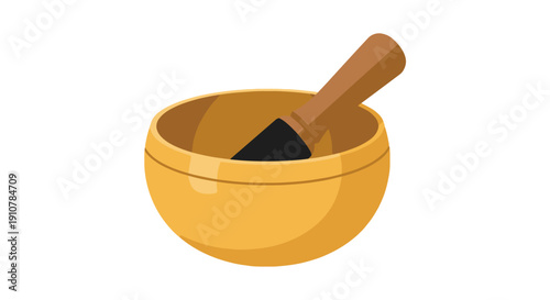 Singing Bowl Illustration with Mallet Resting Inside on a White Background from a Front Viewpoint