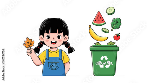 Cute Asian girl eating carrot near organic food waste bin with fresh fruits and vegetables illustration