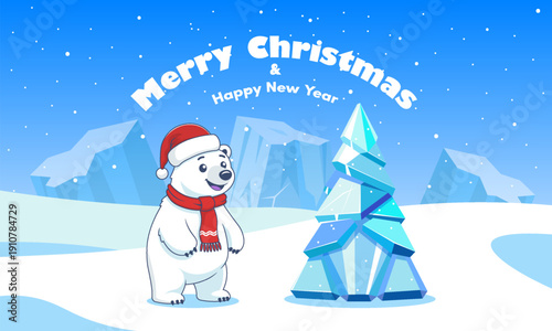Vector holiday greeting poster. Cartoon funny cute smiling clumsy polar bear wearing Santa hat and scarf. Joy and happiness. Toon ice tree. Merry Christmas and Happy New Year. Snowy winter, icebergs
