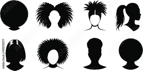 Afro and curly hair silhouette collection, diverse men and women hairstyles set, natural black hair fashion illustration bundle
