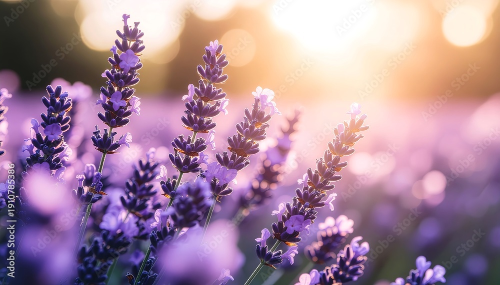 Fototapeta premium Beautiful lavender flowers illuminated by golden sunset light