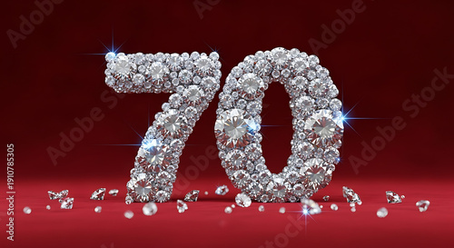Sparkling Diamonds Forming Number 70 on Red Velvet Background for 70th Anniversary or Birthday