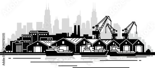 Industrial skyline with warehouses and cranes on waterfront   