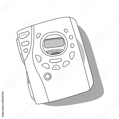 a drawing line art of a audio cassette tape player on a white background. Retro style music player technology