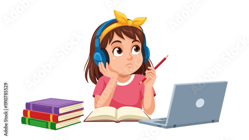 Young girl studying with laptop and books at home wearing headphones and bunny ears for focus and learning
