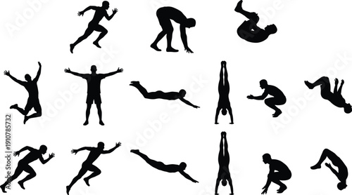 Athlete silhouettes, jumping poses, running figures, acrobatic actions, sports activity, fitness movement, dynamic body motion, training illustration set