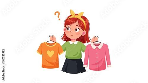 Cartoon girl choosing between orange and pink jackets with question mark illustration isolated on white background