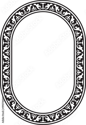Vector black monochrome stencil oval classic byzantine ornament. Circle, ring, border, Ancient Greece, Eastern Roman Empire frame. Decoration of the Russian Orthodox Church