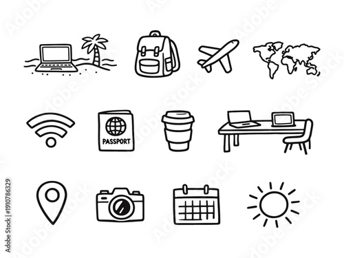 Doodle icons for travel, remote work, digital nomad lifestyle, and global exploration.