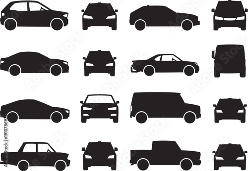 Car silhouette collection, various sedan hatchback suv and pickup vehicle icons set, automobile transport illustration bundle design