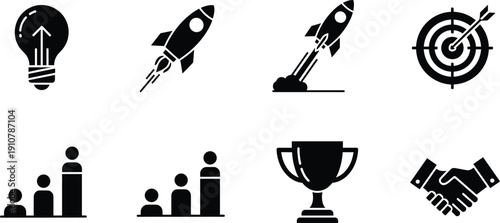 Black and white business set lightbulb rocket business, black, white, lightbulb, rocket, target, people, trophy, handshake, graph, growth, success, strategy, planning, teamwork, achievement, motivatio