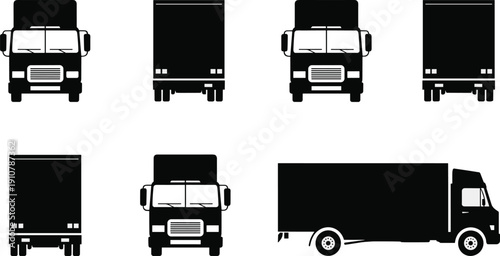 Cargo truck silhouette collection, delivery lorry transport vehicles set, logistics freight transportation illustration isolated commercial fleet bundle design