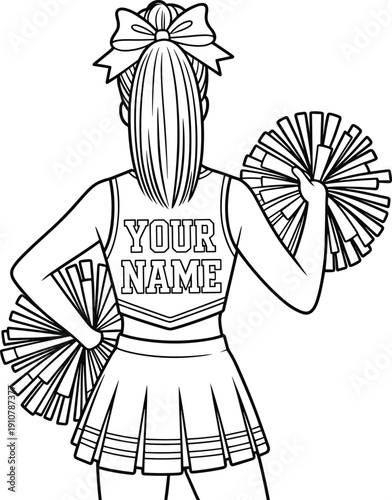 Cheerleader, back view, pom poms, uniform illustration, school spirit, sports supporter, hand drawn, outline art, customizable name jersey