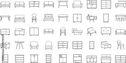 A collection of furniture line icons isolated on transparent background