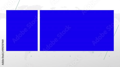 Two box split screen for news, interviews, live broadcast, tv shows, live streaming. Blue chroma key cut, 4K loopable world map background with green elements, simplicity and minimalism design.