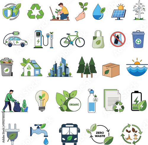 Flat Earth Day icon set featuring recycling, renewable energy, eco lifestyle, green transport and environmental sustainability concepts for web and print design.