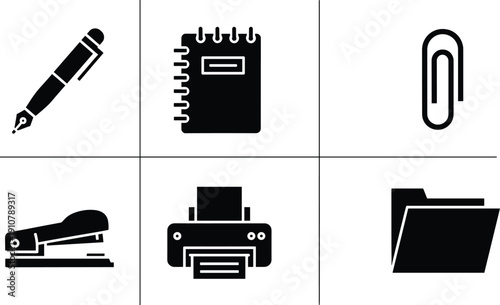 Black and white office supplies notebook paperclip office supplies, black and white, pen, notebook, paperclip, stapler, printer, folder, black, white, office, supplies, supply, background, style, colo