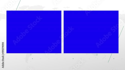 Two box split screen for news, interviews, live broadcast, tv shows, live streaming. Blue chroma key cut, 4K loopable world map background with green elements, simplicity and minimalism design.