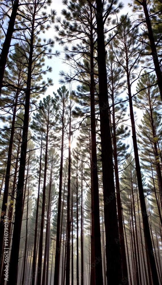 Fototapeta premium Serene Morning Light Through Tall Pine