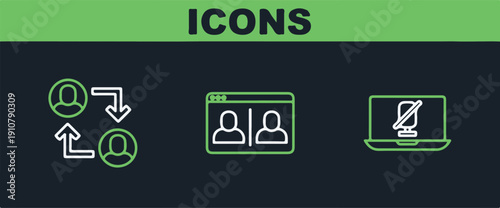 Set line Mute microphone on laptop, Project team base and Video chat conference icon. Vector
