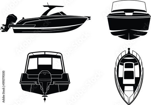 Motorboat silhouette collection, luxury speedboat yacht set from multiple angles, marine transport illustration isolated on white background design