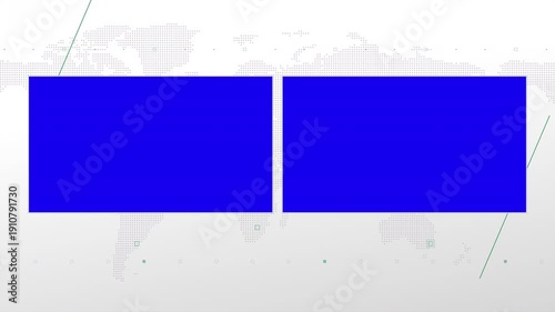Two box split screen for news, interviews, live broadcast, tv shows, live streaming. Blue chroma key cut, 4K loopable world map background with green elements, simplicity and minimalism design.