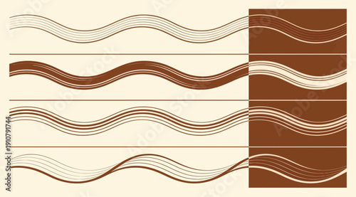 Set of chocolate waves and liquid lines abstract brown background.