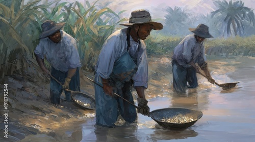 Three figures are diligently panning for gold in a shallow stream, their work illuminated by a soft, natural light.